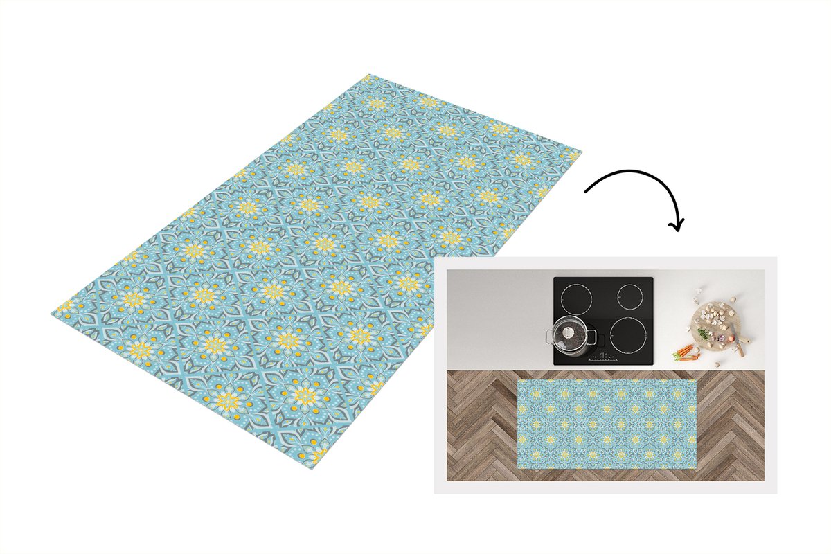 KitchenYeah Keukenloper 120x60 cm - Keukenmat vinyl Bloemen - Boho - Patronen - Mandala - Vintage - Keukenmatten loper - Keuken vloerkleed tapijt Blauw - Vintage