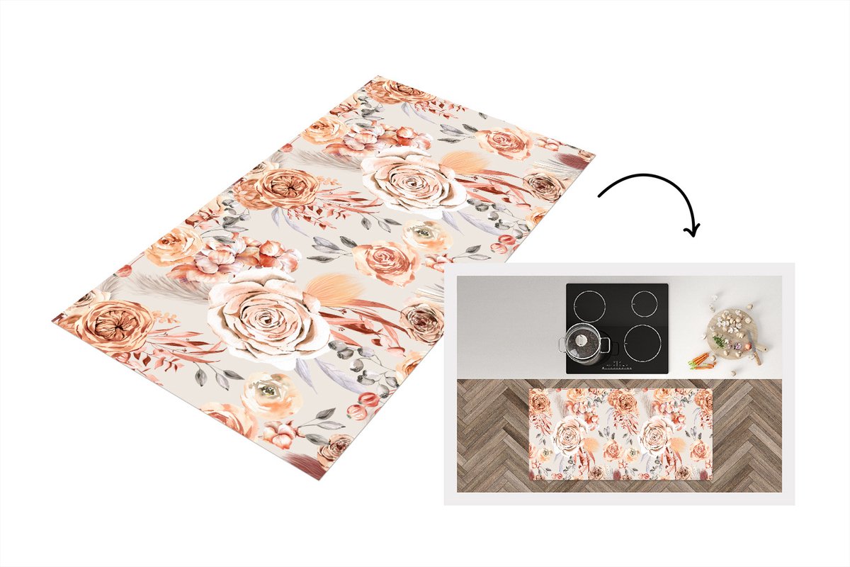 KitchenYeah Keukenloper 120x60 cm - Keukenmat vinyl Rozen - Bloemen - Patroon - Keukenmatten loper - Keuken vloerkleed tapijt