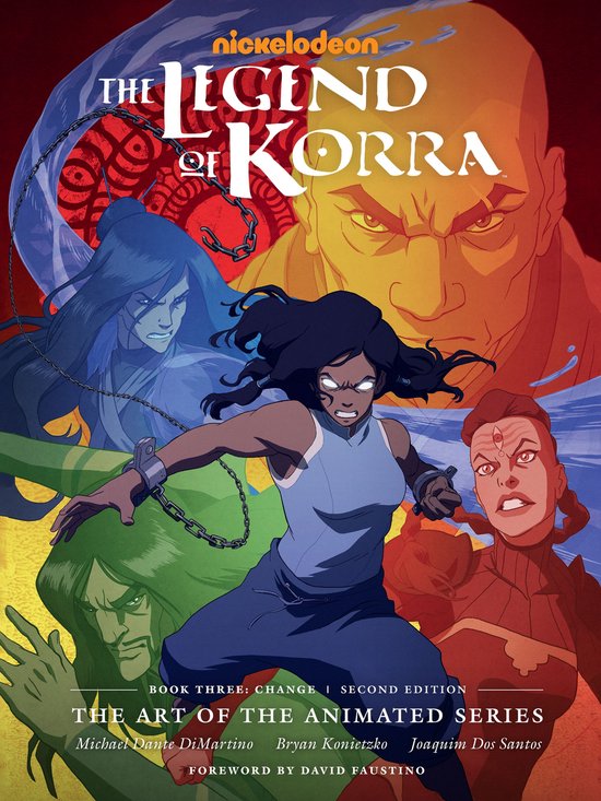 Boekomslag van 'The Legend of Korra: The Art of the Animated Series', met Korra en andere personages in actieve poses tegen een kleurrijke achtergrond.