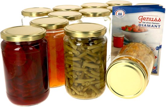 Set van 12 ronde potten 720 ml Naar 82 gouden deksel incl. Diamant Gelierzauber receptenboekje