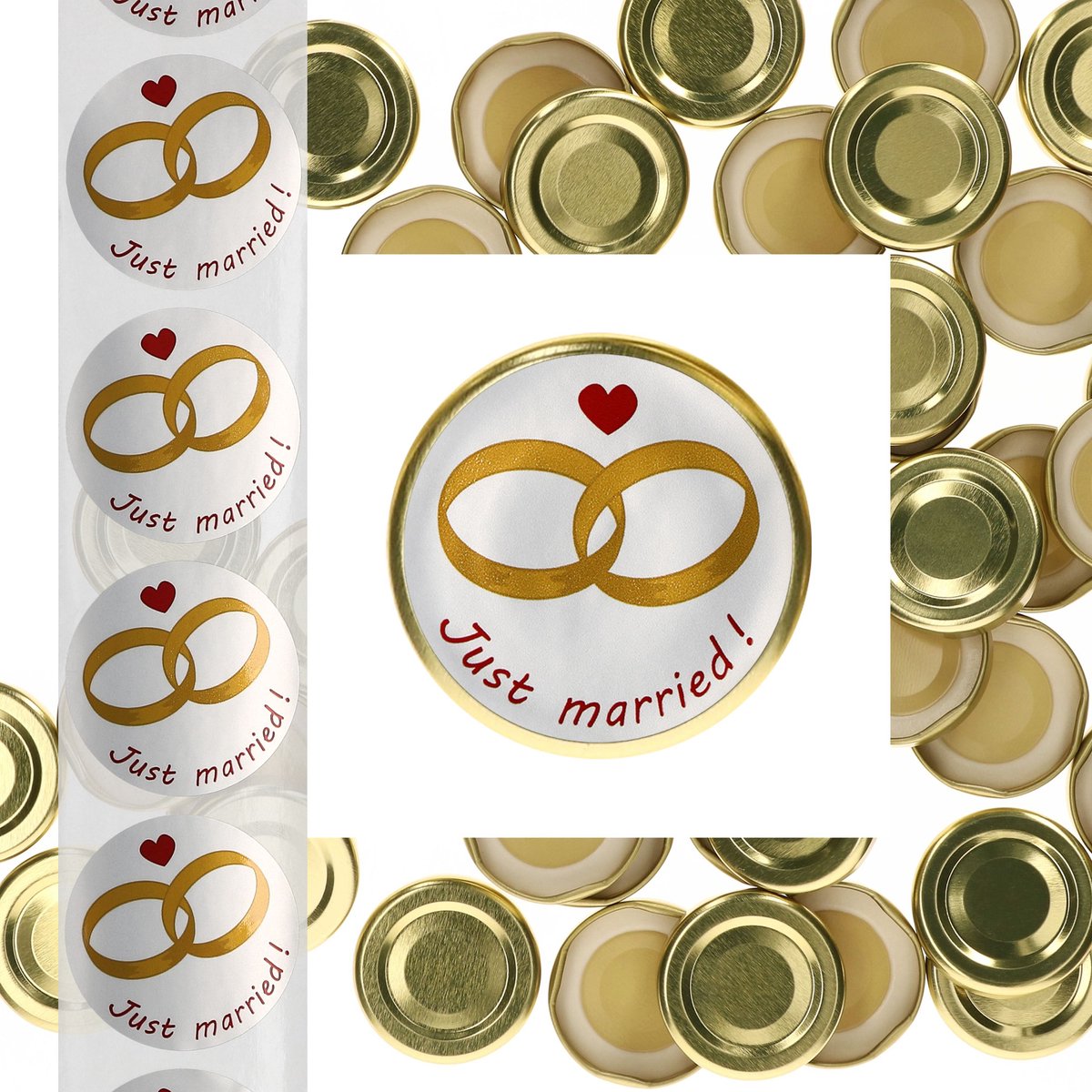 JUST MARRIED Set van 50 deksels To 43 goud geschikt voor 37/53ml potjes + trouwlabels