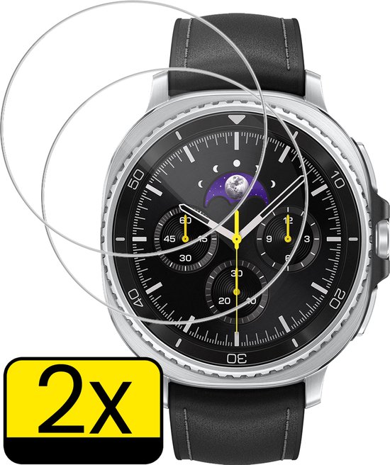 Zwarte smartwatch met zilveren kast, met twee screenprotectors erop en een "2x" sticker.