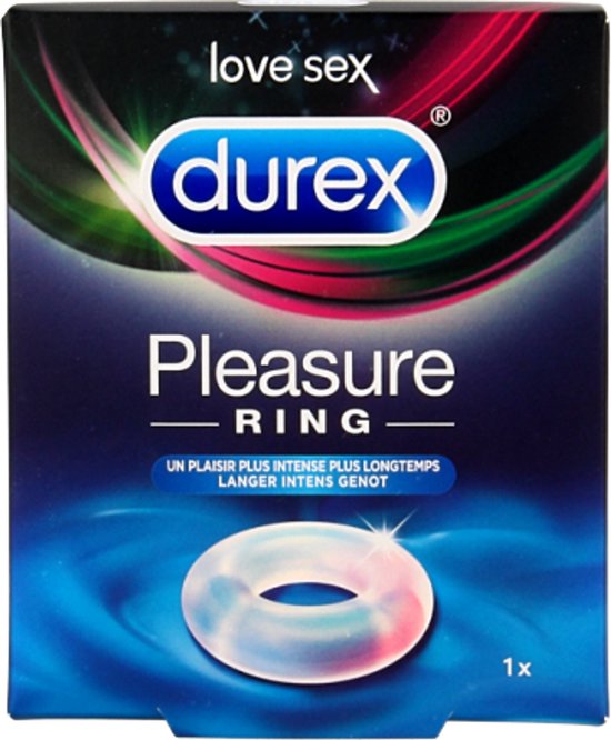 Durex Pleasure Ring verpakking met paarse en groene accenten en productafbeelding.