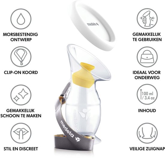 Medela melkcollector: morsbestendig, dubbele lekvrije stop, clip-on koord, 100 ml.