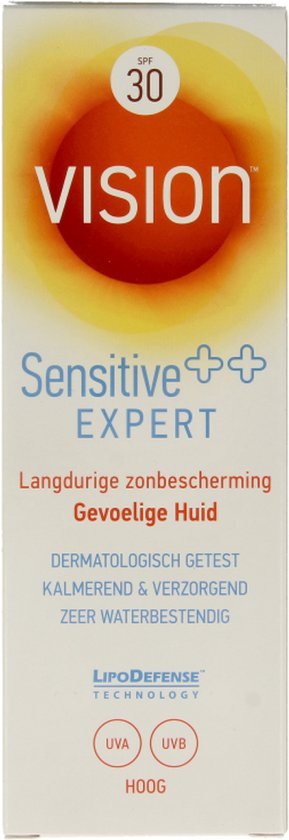 Doos met Vision Sensitive++ Expert zonnebrandcrème, SPF 30. Wit met oranje en gele cirkel opdruk.