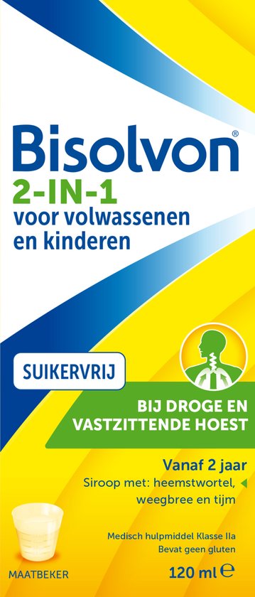 Voorkant van Bisolvon 2-in-1 verpakking. Tekst "Suikervrij bij droge en vastzittende hoest". Gele achtergrond met blauwe en groene accenten. Een maatbeker is afgebeeld.