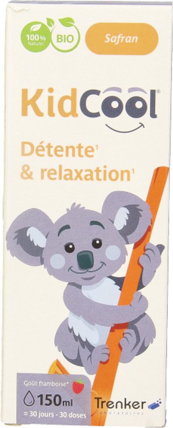 Doos met KidCool logo, "100% Natuurlijk BIO Saffraan" en een koala. Bevat 150ml frambozensmaak.