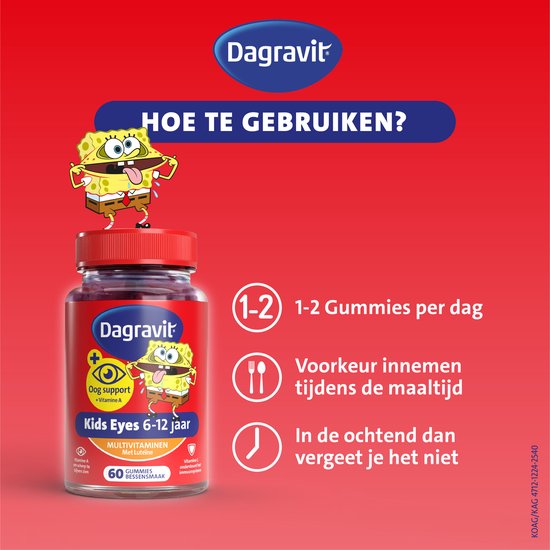 Dagravit Kids Eyes Multivitaminen met oogsupport - Multivitamine met vitaminen en mineralen - Met o.a. vitamine C en vitamine A ( luteïne) - Glutenvrij en lactosevrij - Bessensmaak - Spongebob - Leeftijd 6-12 jaar - 60 gummies