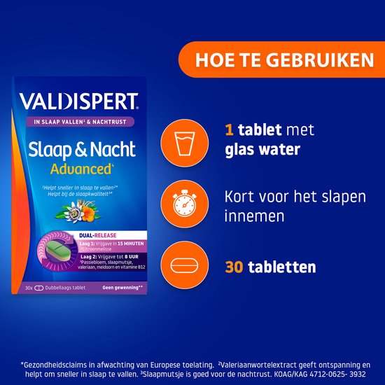 Valdispert Slaap & Nacht Advanced verpakking met "HOE TE GEBRUIKEN" en iconen voor glas water, timer en tablet.