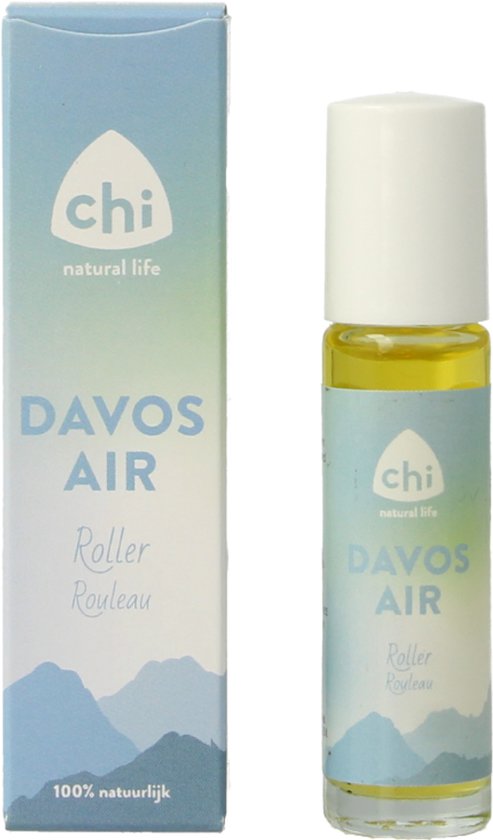 Chi Davos Air roller met doosje. Zachtblauwe verpakking met bergen en logo.