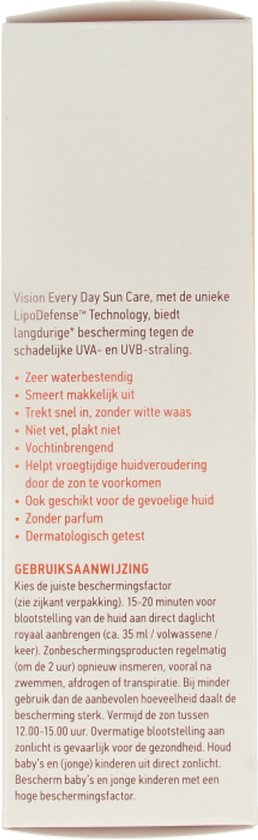 Vision Every Day Sun Care SPF 50: langdurige bescherming, waterbestendig, smeert makkelijk uit, vochtinbrengend, voor gevoelige huid, zonder parfum.
