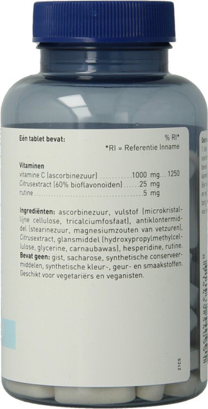 Achterkant van een pot Orthica C-1000, met ingrediëntenlijst, dosering 1000mg vitamine C per tablet, en vegan logo.