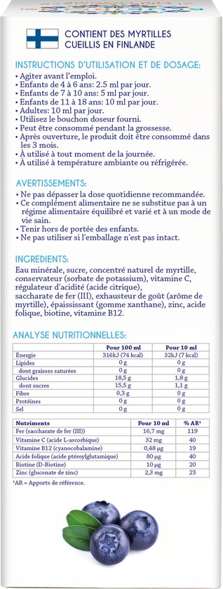Voedingswaarde tabel met energie, koolhydraten, vetten, eiwitten, zout, ijzer en vitaminen. Met afbeelding van bosbessen.