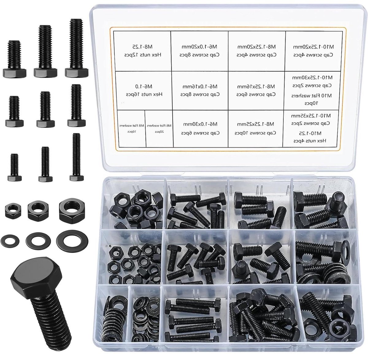 JGS Premium - Zeskantschroeven moeren en sluitringen set | RVS | Mechanische industrie | 128 delig met M6 M8 M10 | Zwart