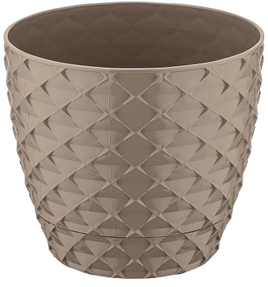 3+2 - Bloempotten - rond taupe met afwatering en wateropvang - 5 ronde mokka sierpotten