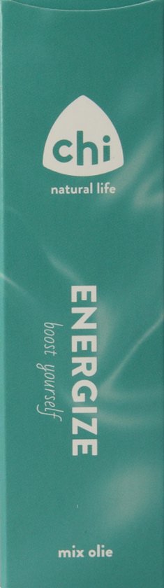 Turquoise verpakking met logo 'chi natural life' en tekst 'ENERGIZE boost yourself mix olie'.