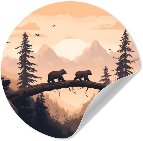 Sticker mural rond avec deux ours traversant un tronc d'arbre, dans un paysage forestier teinté d'orange au coucher du soleil. Un coin est décollé.