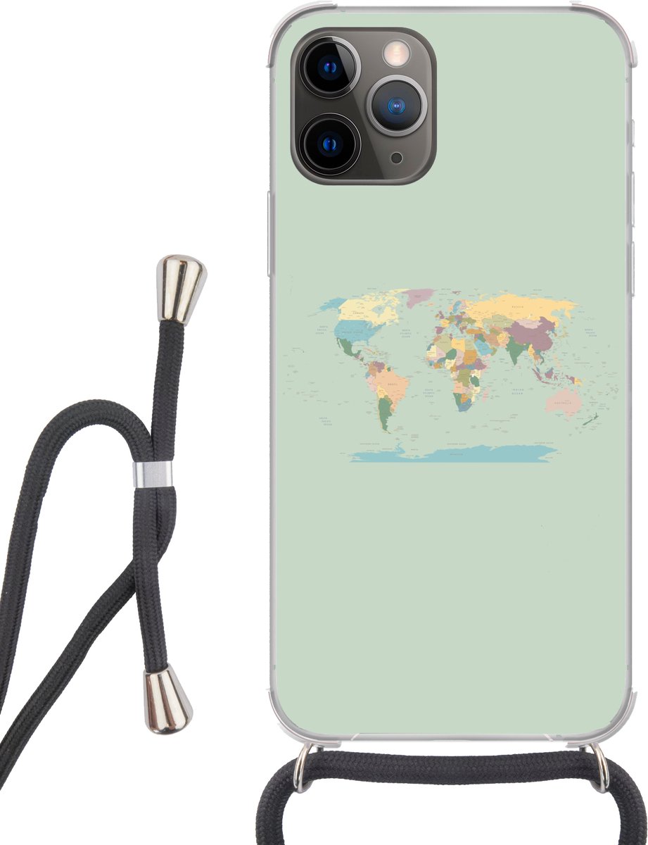 Telefoonhoesje Geschikt voor iPhone 12 pro crossbody - Wereldkaart - Realistisch - Kaart - Siliconen - Crossbody - Backcover met Koord - Telefoonhoesje met koord - Hoesje met touw Telefoonhoesje