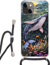 Telefoonhoesje Geschikt voor iPhone 13 - Mozaïek - Walvis - Koraal - Water - Siliconen - Crossbody - Backcover met Koord - Telefoonhoesje met koord - Hoesje met touw Telefoonhoesje