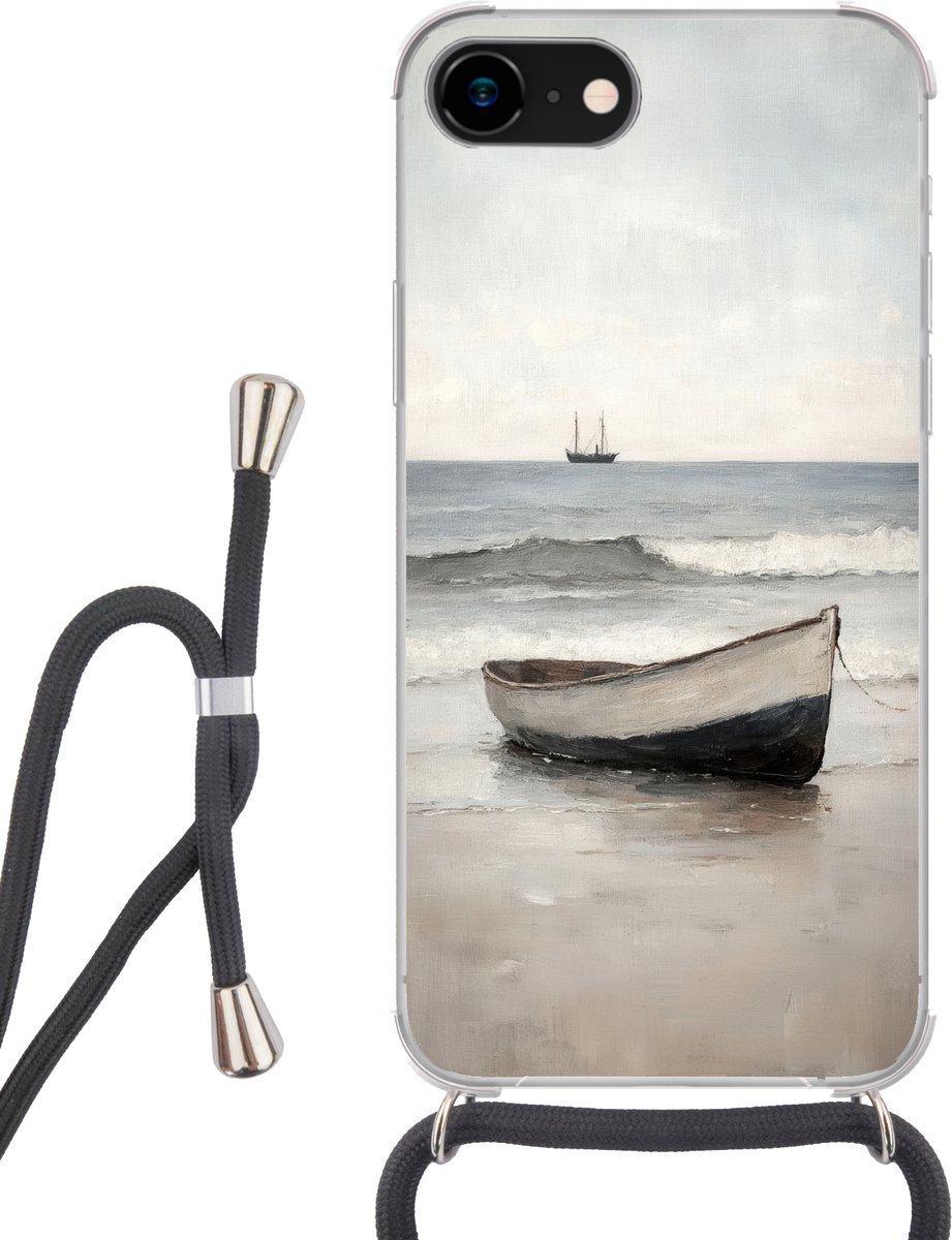 Telefoonhoesje Geschikt voor iPhone SE 2020 - Roeiboot - Zee - Horizon - Siliconen - Crossbody - Backcover met Koord - Telefoonhoesje met koord - Hoesje met touw Telefoonhoesje