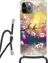 Telefoonhoesje Geschikt voor iPhone 13 Pro - Vogels - Bloemen - Roze - Siliconen - Crossbody - Backcover met Koord - Telefoonhoesje met koord - Hoesje met touw Telefoonhoesje