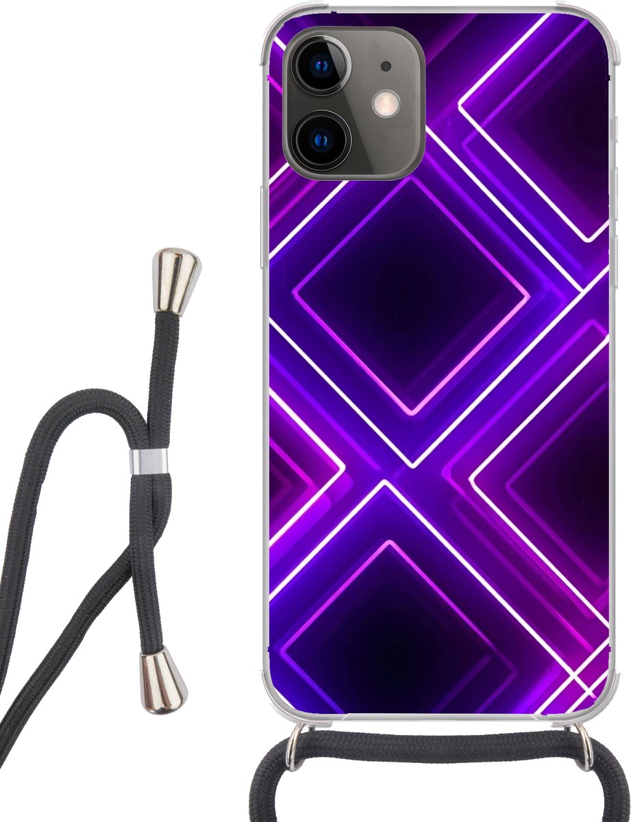 Telefoonhoesje Geschikt voor iPhone 12 - Gaming - Ruiten - Neon - Paars - Siliconen - Crossbody - Backcover met Koord - Telefoonhoesje met koord - Hoesje met touw Telefoonhoesje