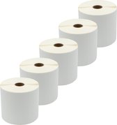 Vijf rollen met witte etiketten, 100x60mm, opgesteld in een diagonale lijn.