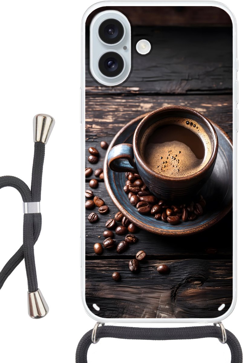 Telefoonhoesje Geschikt voor iPhone 16 Plus met koord - Kop - Koffie - Hout - Bonen - Siliconen - Crossbody - Backcover met Koord - Telefoonhoesje met koord - Hoesje met touw Telefoonhoesje