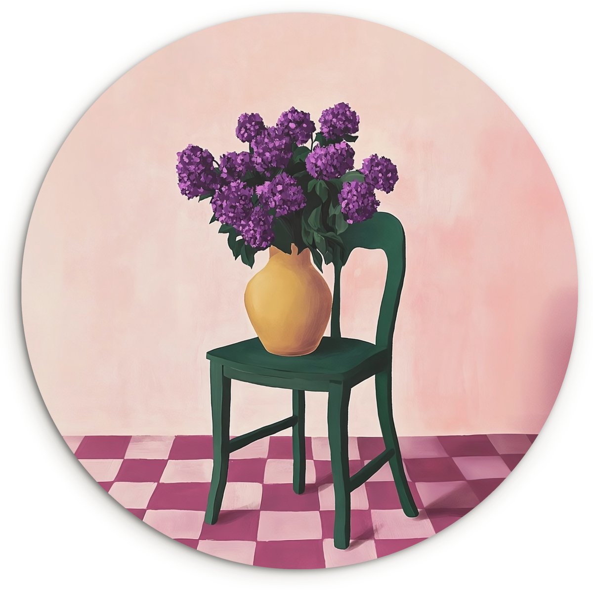 WallCircle Wandcirkel 90x90 cm - Muurcirkel Stoel - Vaas - Bloemen - Geblokt - Muurdecoratie woonkamer - Wanddecoratie slaapkamer - Kamer decoratie accessoires - Ronde schilderijen