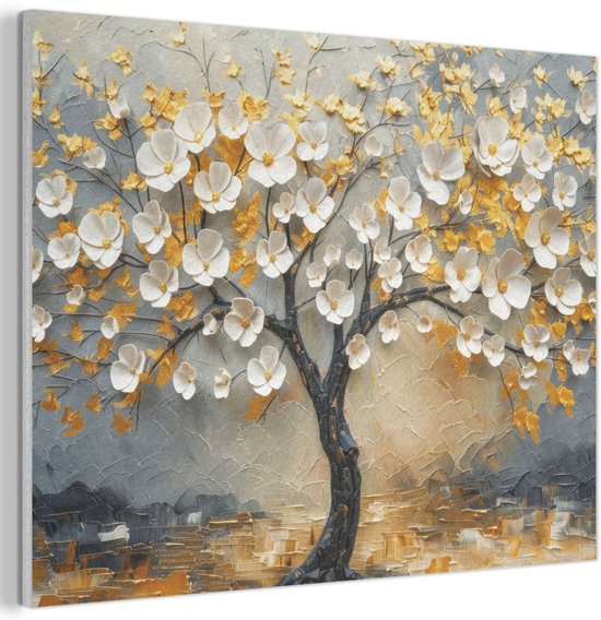 Akoestisch wandpaneel 100x70 cm - Vilt schilderij Boom - Bloemen - Goud - Beige - Akoestische panelen - Geluidsdempende wanddecoratie - Geluidsisolatie woonkamer - Muurdecoratie geluidspanelen