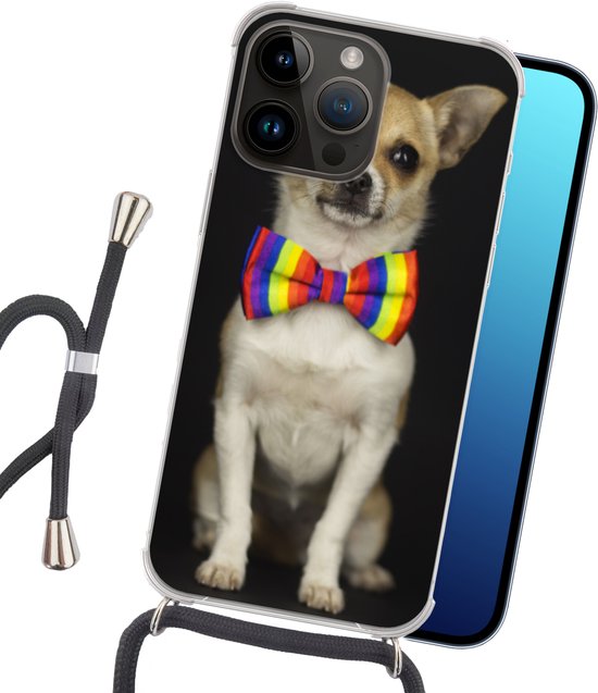 Étui de téléphone adapté à Apple Iphone 14 Pro - Chien - Noeud - Zwart - Siliconen - Bandoulière - Coque arrière avec cordon - Étui de téléphone avec cordon - Étui avec corde