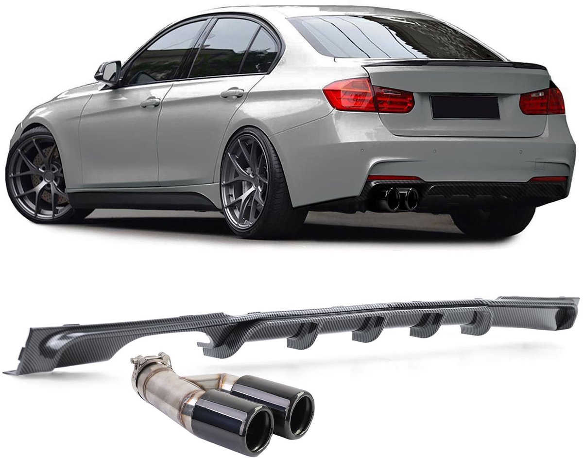 Sport Diffuser Carbon Look + Uitlaat Sierstuk Zwart Geschikt Voor BMW 3 Serie F30 F31 316i 318i 320i M Pakket