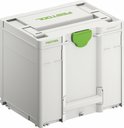 Systainer Festool blanc avec fermoir et logo verts.