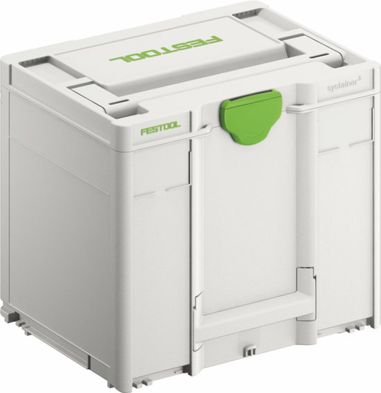 Systainer Festool blanc avec fermoir et logo verts.