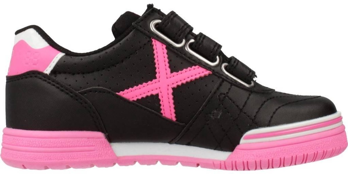 Zwarte MUNICH G3 Profit zaalvoetbalschoenen voor meisjes, met roze accenten en klittenbandsluiting, maat EU 27.