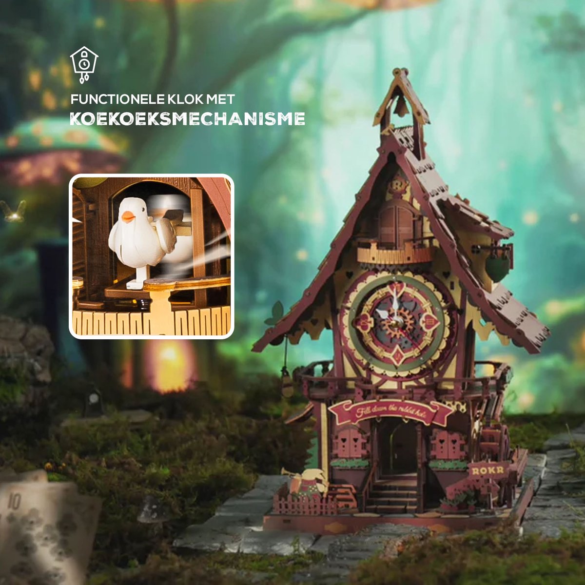 ROBOTIME 3D Wooden Puzzles for Adults-Cuckoo Clock Wooden Models for Adults to Build-435 Piece Model Kit with 2 Lights-Gift for Craft Enthusiast Model Building Set (Colourful) — afbeelding 3