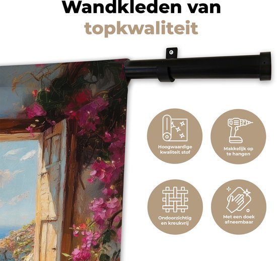 Wandkleed 60x80 cm - Wanddoek Kat - Blauwe zee - Roze bloemen - Wandtapijt - Wandkleden
