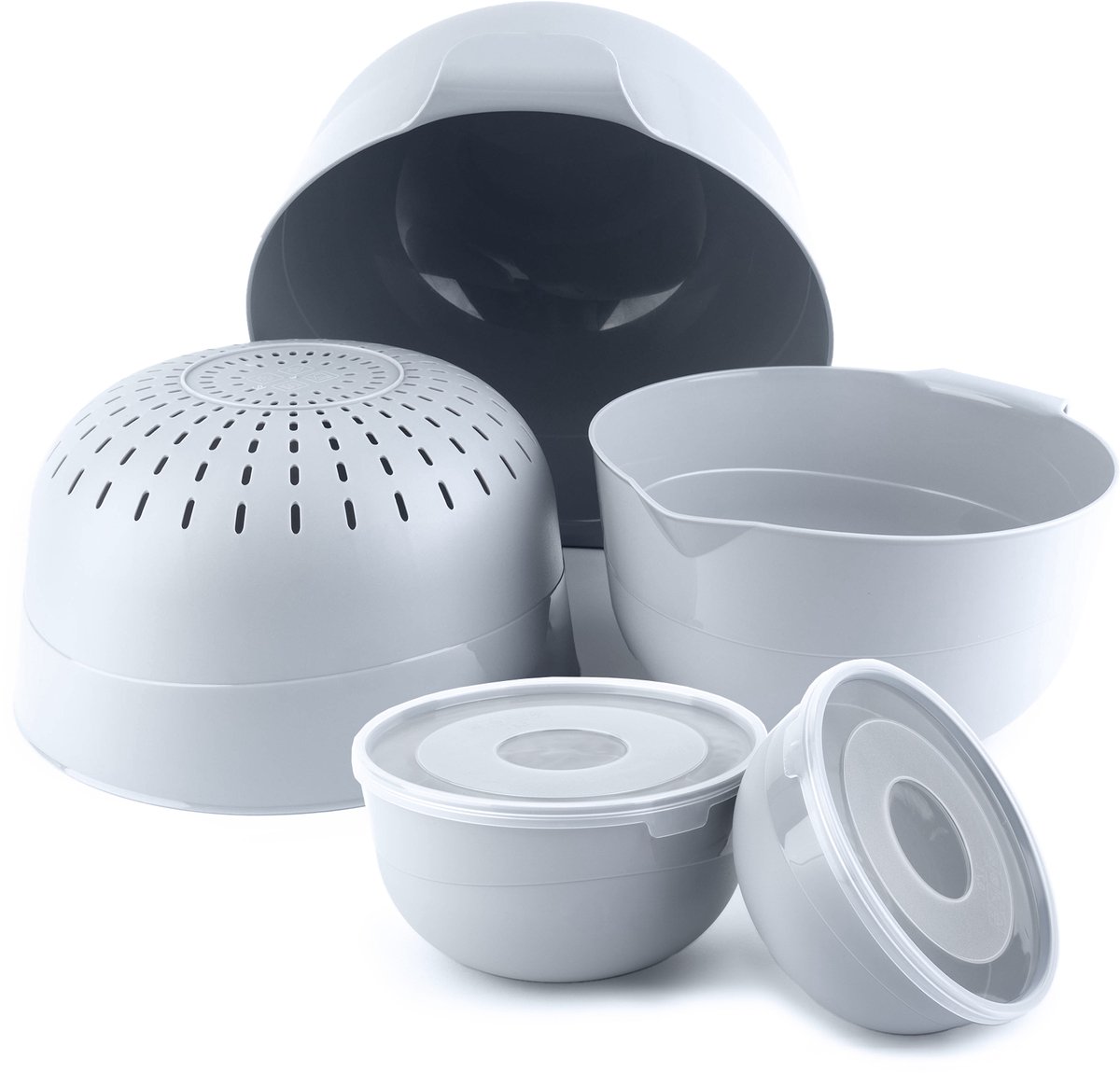 KADAX 5-delige kommenset met deksel, slakommen, plastic kommen voor het bewaren van gerechten, fruitschalen, stapelbare serveerschalen, mengkommen (lichtgrijs)