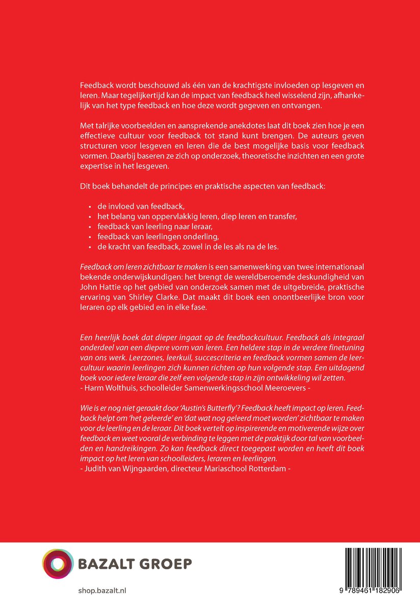 Boekomslag met tekst over feedback om leren zichtbaar te maken. Bedrijfslogo Bazalt Groep onderaan.