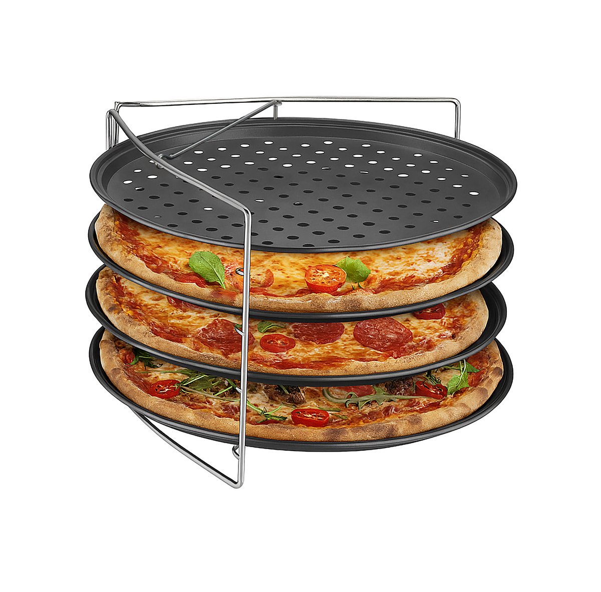 pizzaplaat met gaatjes - set van 4 - 32 cm - met houder - staal