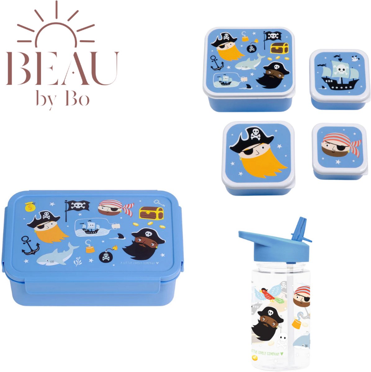 Bundel A Little Lovely Company Back to school set - Drinkfles/4 Snackdozen/Bentobox - Piraten