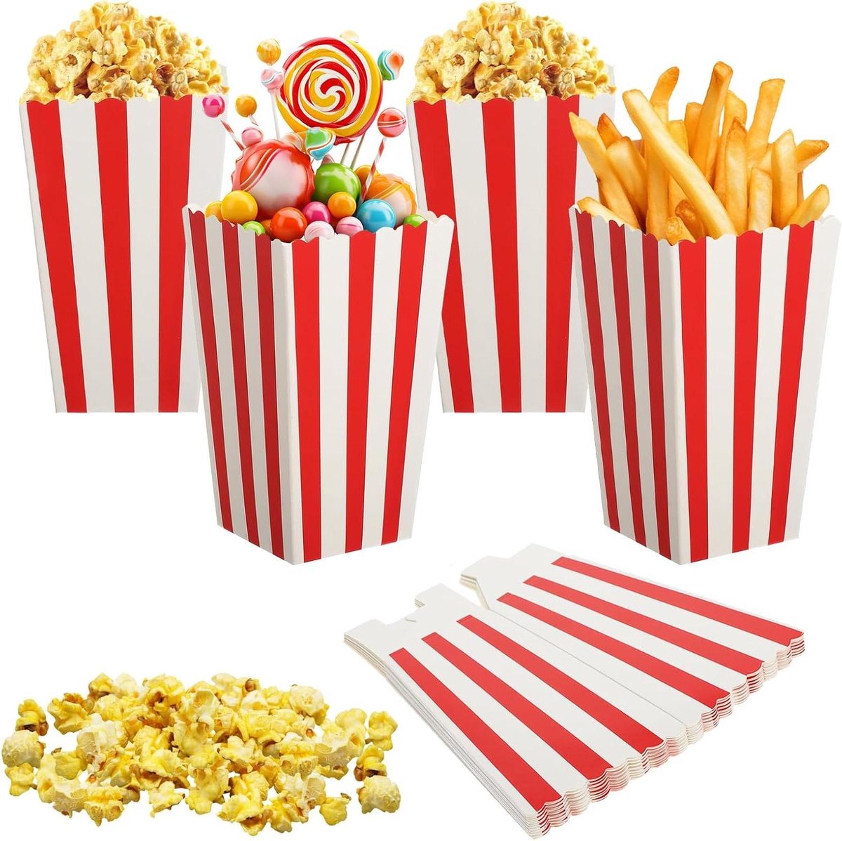 Allecto Plus - 40 stuks popcornzakjes voor filmavond en verjaardagsfeest - popcornbox snoepcontainer snackcontainers met strepen
