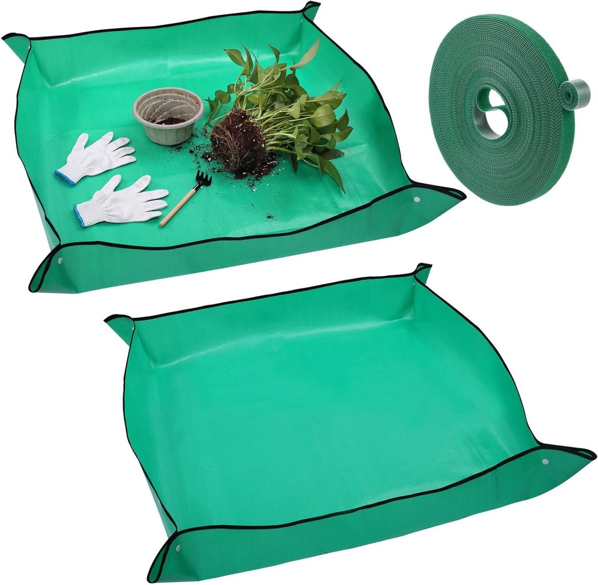 Allecto Plus - Plantenverpotmat voor verplanten in de tuin inclusief groene plantenbanden - 2 stuks, waterdicht - 10 meter x 10 mm - geschikt voor binnen en buiten gebruik