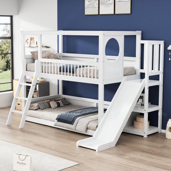 Multifunctioneel Eenpersoons Kinderbed In Massief Hout - Met Opbergruimte, Ladder En Uitschuifbare Tafel 90x200cm Wit