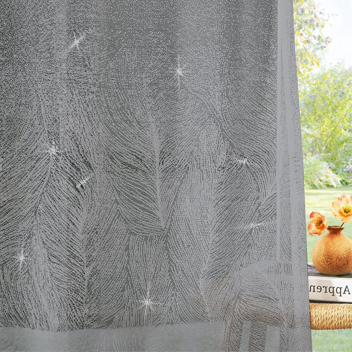 Provento - Transparante gordijnen met verendecoratie voor licht en elegant raamontwerp - 140×260 CM Grijs - 2 Stuks - Woon- en slaapkamerinrichting