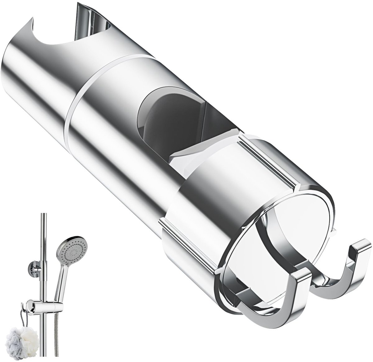 Universele Douchekophouder met 2 Haken – Verstelbaar & Antislip – Geschikt voor 16–27 mm Glijstangen – Zonder Boren – ABS Chroom – 360° Draaibaar