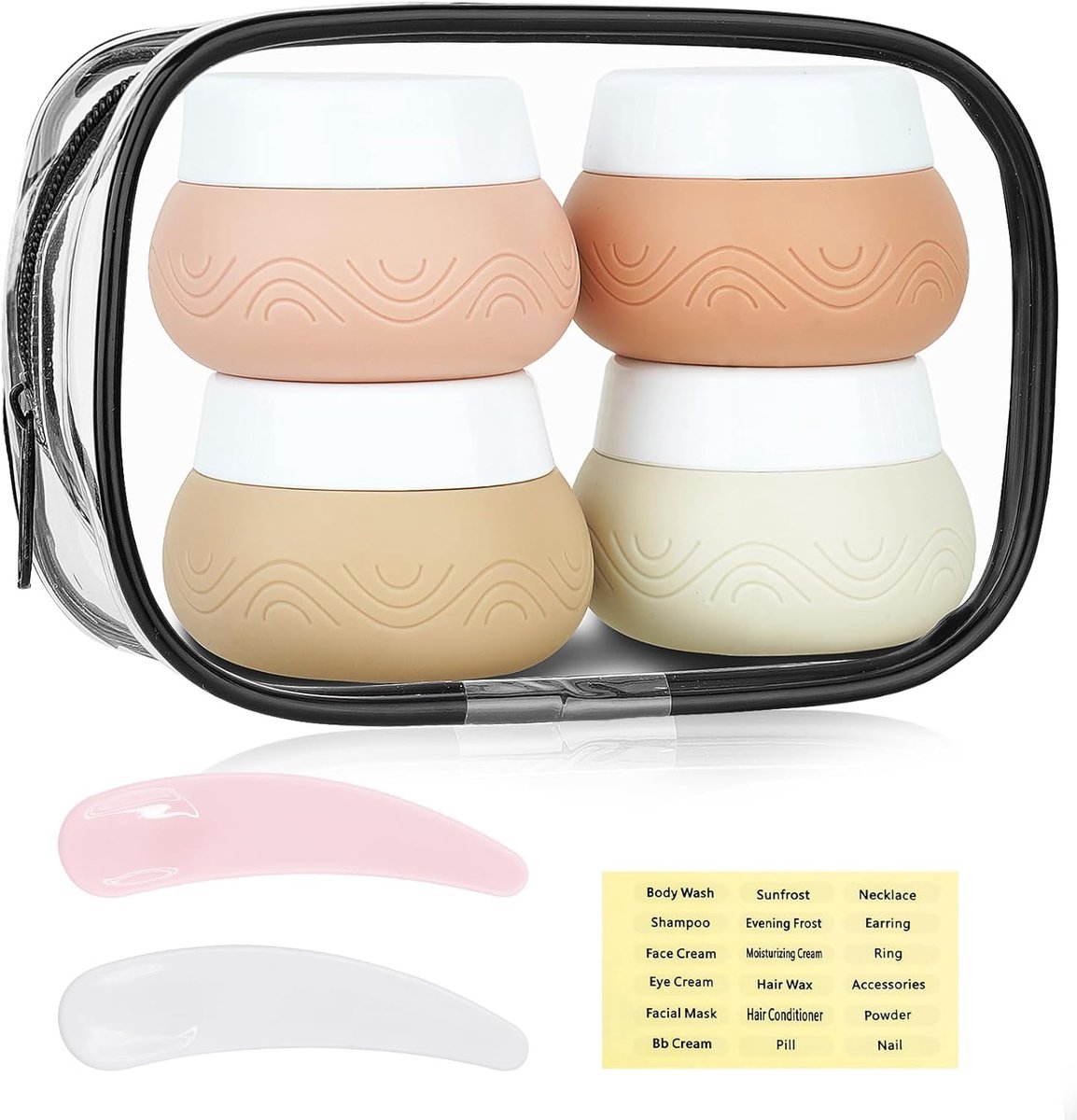 Image of 4 stuks siliconen reisflessen - 30 ml potjes - crèmepotjes om te vullen - lekvrij - 4 kleuren cosmetische crèmehouder - doorzichtig zakje voor cosmetica - lotion - crème - maskers - BPA-vrij