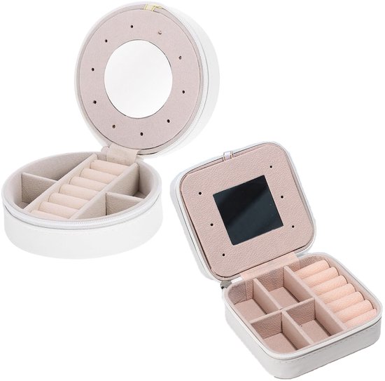 CHIWIN Sieradendoosje Reizen – Mini Sieraden Organizer met Spiegel – 2 Laags Opbergdoos voor Oorbellen Kettingen Ringen – Draagbaar Juwelendoosje – Wit
