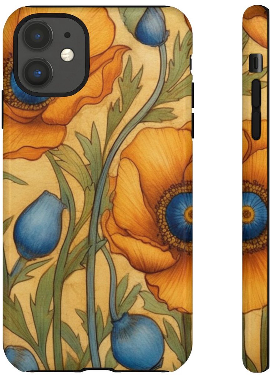 Gouden Klaprozen met Blauwe Harten – Telefoonhoesje Geschikt voor iPhone 11