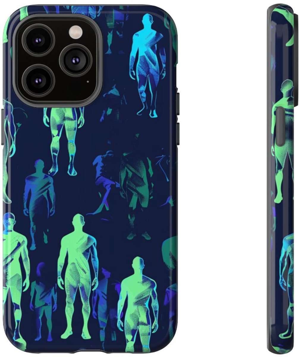 Blauw-Groene Neon Figurenpatroon – Telefoonhoesje Geschikt voor iPhone 14 Pro Max